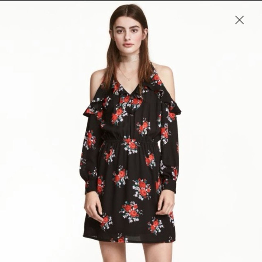 Divided Black Long Sleeve Dress with Red Floral Design